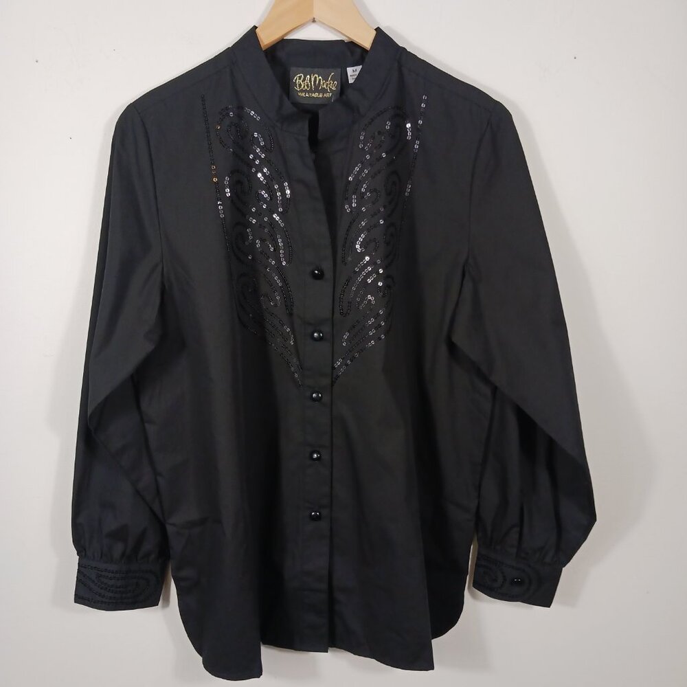 Bob Mackie NWT, Size Med., Black Button Down Shirt W/Sequins, Mandarin Collar - Picture 4 of 14